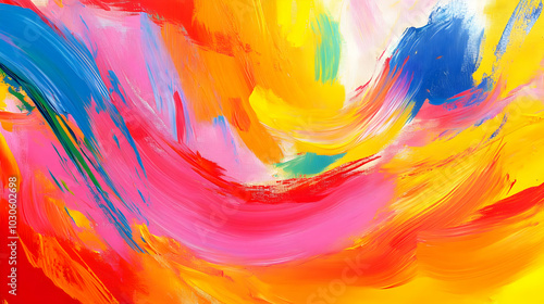 Abstract Painting with Vibrant Swirls of Pink, Yellow, and Blue