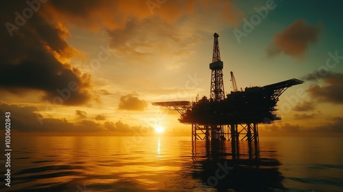 An oil rig silhouette against a vibrant sunset over calm waters.