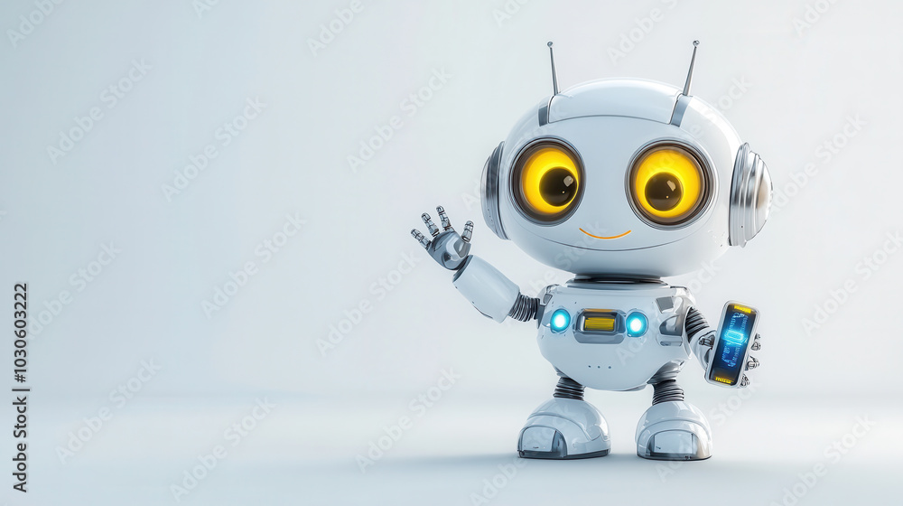 cheerful 3D cartoon robot with large expressive eyes is waving with one hand while holding smartphone in other. friendly design and bright colors evoke sense of joy and technology