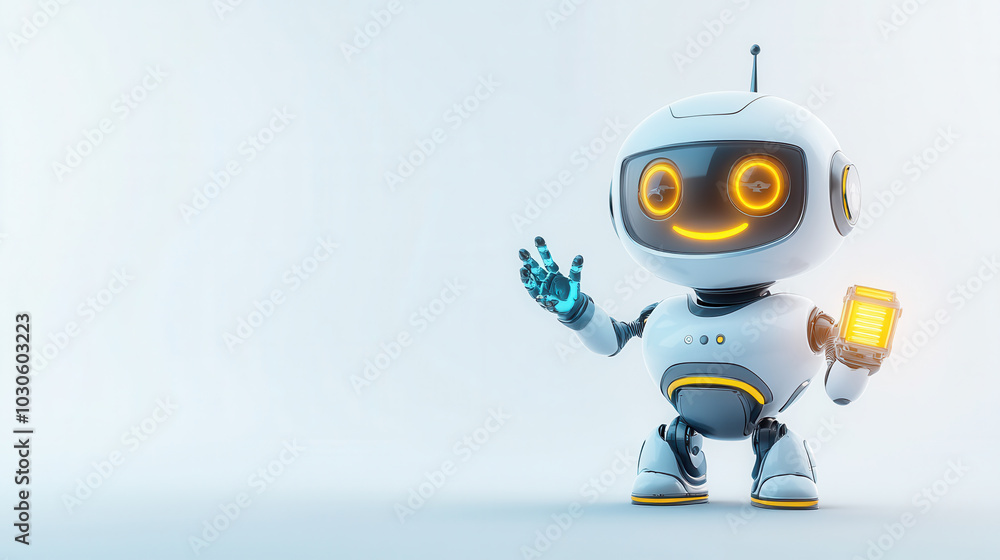 cheerful 3D cartoon robot is waving with one hand while holding glowing device in other. Its friendly expression and bright colors create playful atmosphere cheerful 3D cartoon robot is waving with one hand while holding glowing device in other. Its friendly expression and bright colors create playful atmosphere