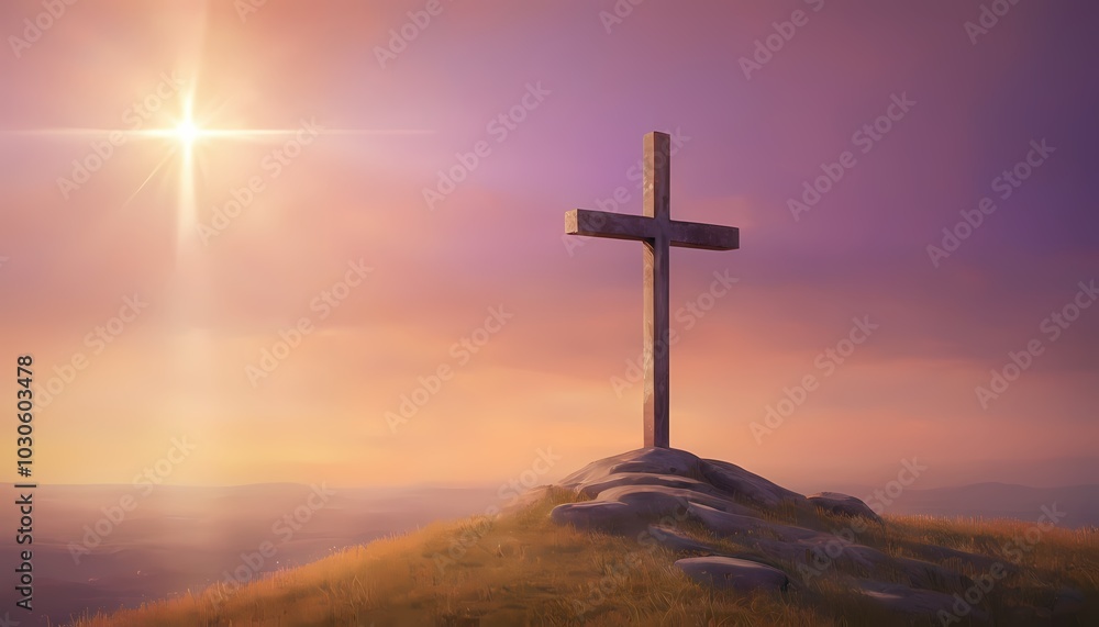 A large cross standing on a hilltop, illuminated by a radiant light, symbolizing faith and hope A large cross standing on a hilltop, illuminated by a radiant light, symbolizing faith and hope