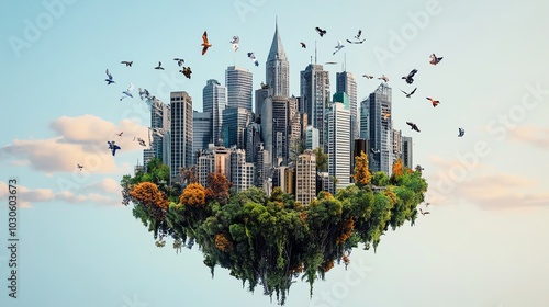 Frontal view dystopian cityscape, nature intertwining with crumbling skyscrapers, vibrant wildlife thriving among ruins photo