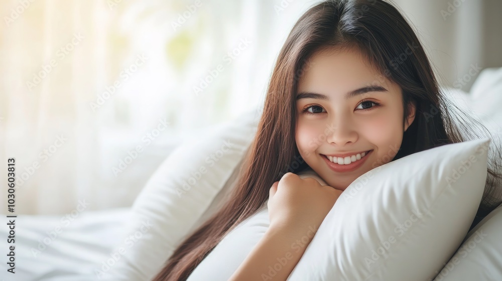 A smiling young woman resting on pillows in a cozy indoor setting. A smiling young woman resting on pillows in a cozy indoor setting.