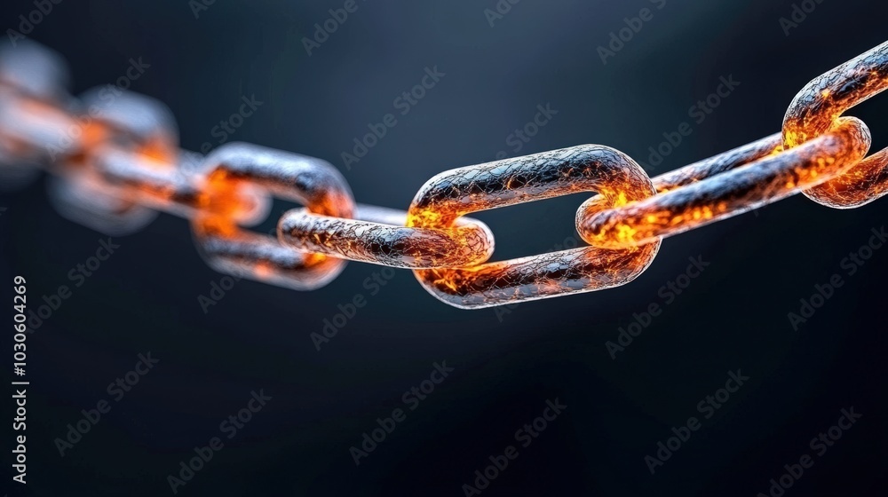 Close-up of a metallic chain link with glowing orange accents on a dark background. Close-up of a metallic chain link with glowing orange accents on a dark background.