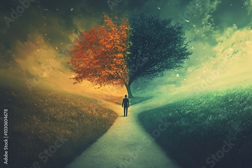A person stands at a fork in the path, surrounded by contrasting autumn and winter landscapes under a dramatic sky. Generative AI