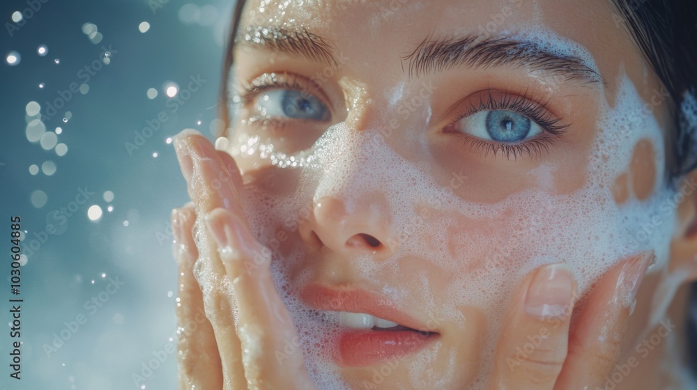 Close-up of a young woman with blue eyes washing her face with foamy cleanser, water splashing around her. Close-up of a young woman with blue eyes washing her face with foamy cleanser, water splashing around her.
