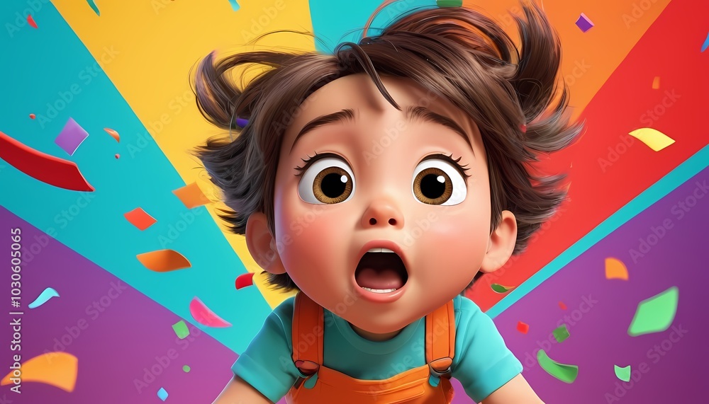 A young child with an amazed expression, feeling excited, amid colorful confetti and vibrant background A young child with an amazed expression, feeling excited, amid colorful confetti and vibrant background