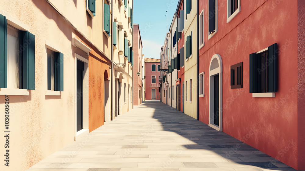Fototapeta premium Charming narrow street in a vibrant neighborhood, showcasing colorful buildings and peaceful ambiance, perfect for travel enthusiasts and urban explorations.