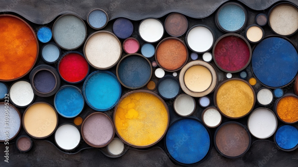 Colorful paint circles arranged on a textured surface, vibrant and artistic. Colorful paint circles arranged on a textured surface, vibrant and artistic.