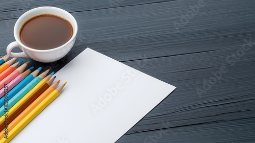 Colorful pencils, a blank sheet, and a cup of coffee on a dark wooden surface. photo