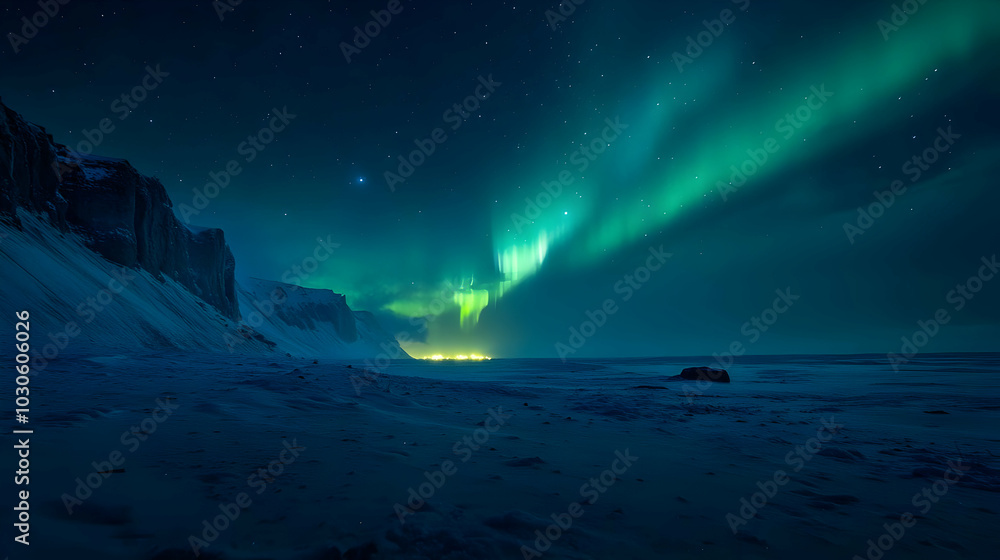 Fototapeta premium A Stunning View of the Aurora Borealis Dancing over a Snowy Landscape with a Starry Night Sky