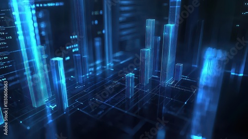 Futuristic rising blue bar graphs with digital circuits in the background. Ideal for themes of data analysis, technology, and business growth. Perfect for concepts related to financial reports.