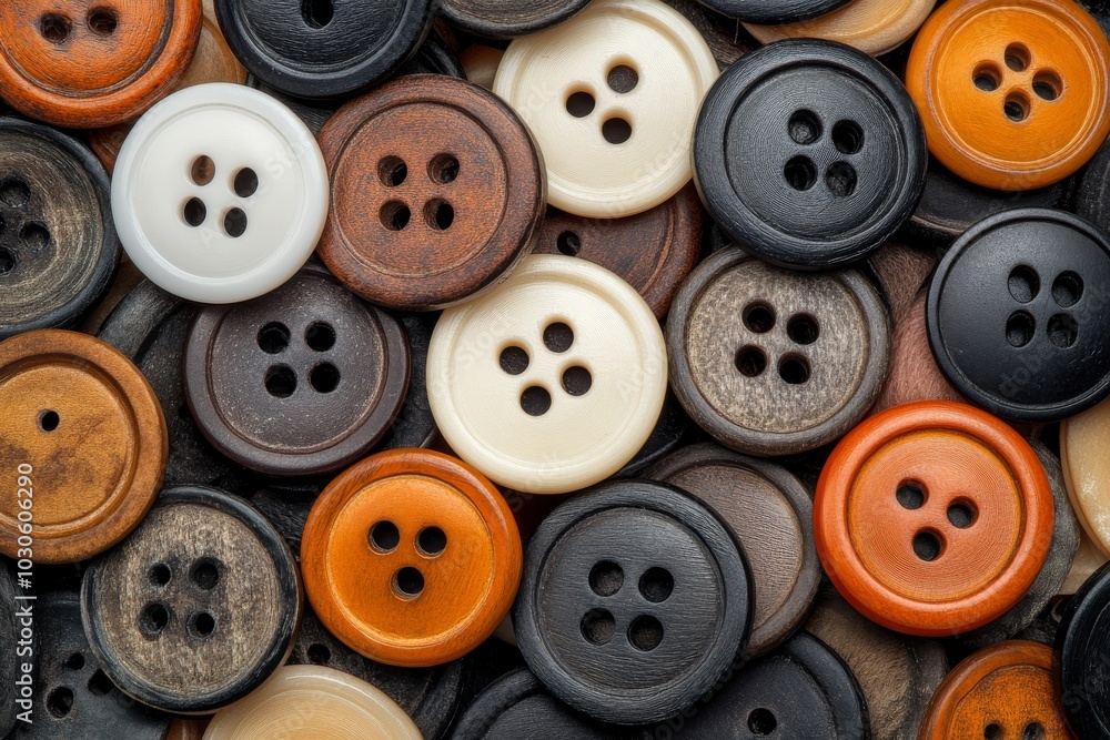 A large collection of wooden and plastic buttons in earthy tones symbolizing craftsmanship vintage fashion and handmade design in a rustic detailed composition A large collection of wooden and plastic buttons in earthy tones symbolizing craftsmanship vintage fashion and handmade design in a rustic detailed composition
