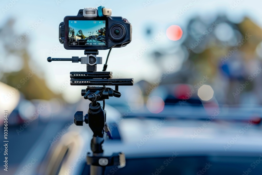 Digital camera mounted on a tripod is recording a timelapse of traffic on a city street Digital camera mounted on a tripod is recording a timelapse of traffic on a city street