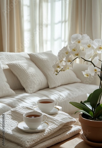 Cozy living room with fresh flowers, tea, and soft blankets in warm natural light