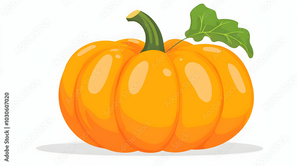 A Single Orange Pumpkin with a Green Stem and Leaf, Isolated on a White Background A Single Orange Pumpkin with a Green Stem and Leaf, Isolated on a White Background