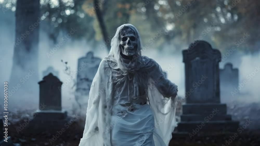 Skeleton ghost walking toward camera in old cemetery at night. Ideal for horror, Halloween, spooky animations, or gothic visuals Skeleton ghost walking toward camera in old cemetery at night. Ideal for horror, Halloween, spooky animations, or gothic visuals