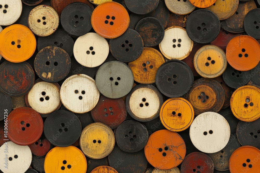 Earth toned buttons arranged in a detailed mosaic like pattern symbolizing craftsmanship vintage design and handmade artistry in a rustic close up composition Earth toned buttons arranged in a detailed mosaic like pattern symbolizing craftsmanship vintage design and handmade artistry in a rustic close up composition