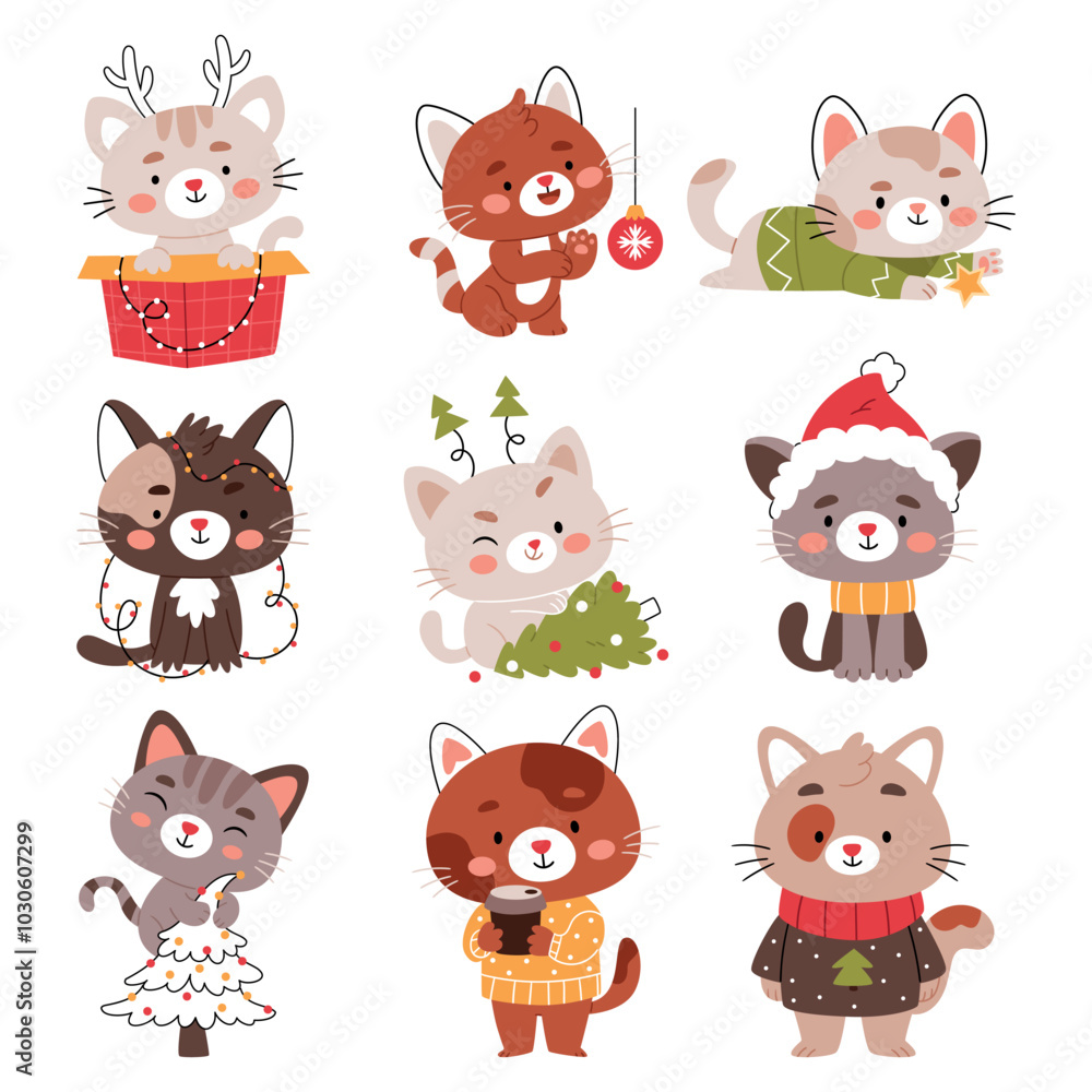 Fototapeta premium A set of Christmas cats.Merry christmas and happy new year concept background vector.