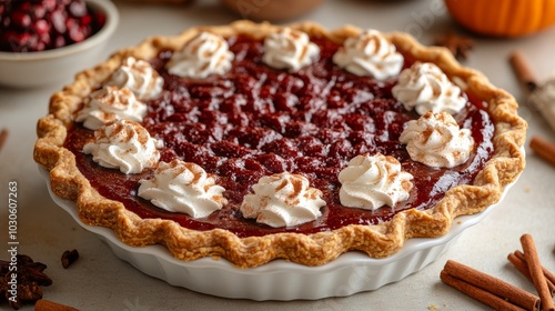 Golden-Brown Pumpkin Pie Garnished with Whipped Cream for Thanksgiving