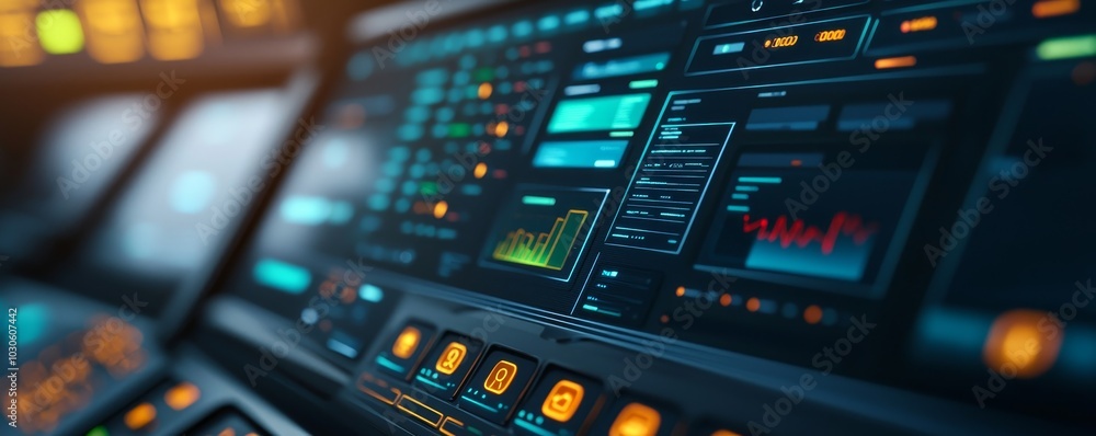 Naklejka premium A futuristic control panel with glowing displays and buttons, showcasing data visualization and technology interaction.