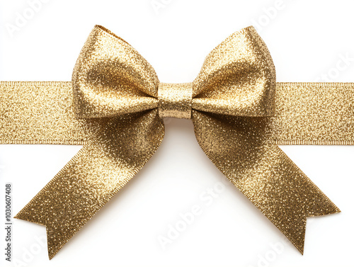 Decorative shiny atlas yellow ribbon with bow isolated on white background. gold band satin strip for Valentine's, birthday gift. Wrapping for Christmas party, Father's, Women's day gift. photo