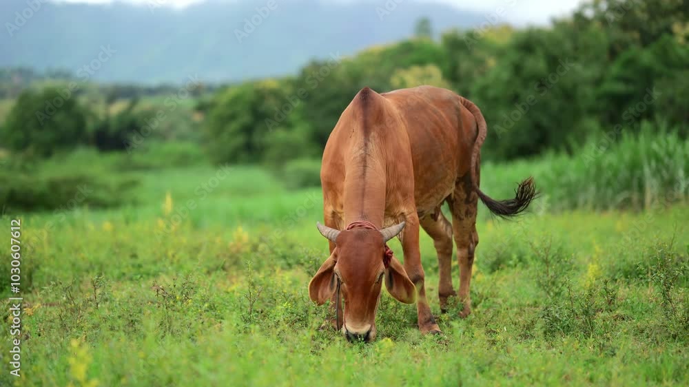 Brown Cow Grazing in Serene Rural Landscape Tranquil Field of Nature, Animals, and Lush Green Grass on Farm Brown Cow Grazing in Serene Rural Landscape Tranquil Field of Nature, Animals, and Lush Green Grass on Farm