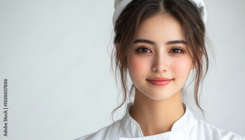 This portrait features a happy woman chef, radiating pride and joy. Captured in a studio with a clean backdrop, she showcases confidence and dedication to her culinary craft. This portrait features a happy woman chef, radiating pride and joy. Captured in a studio with a clean backdrop, she showcases confidence and dedication to her culinary craft.
