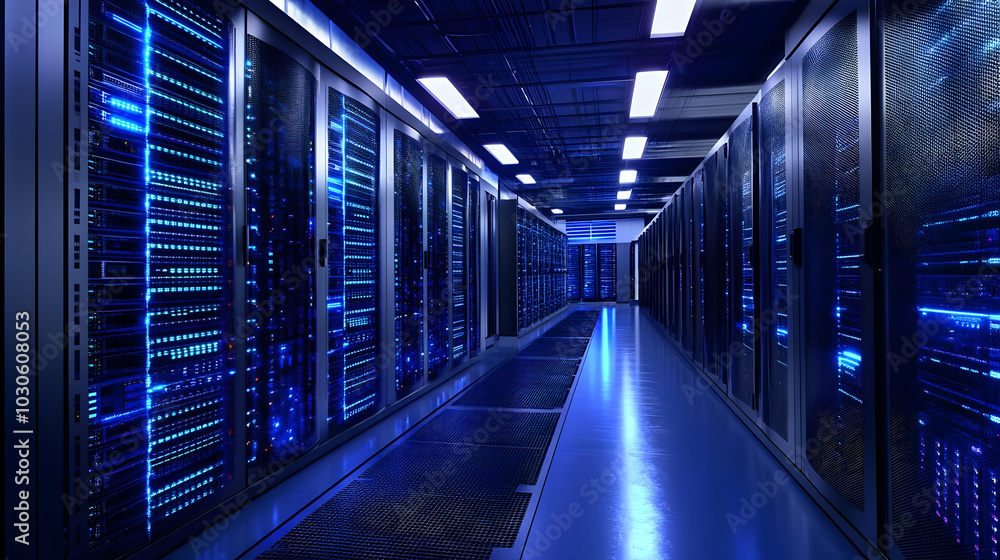 A long, narrow hallway lined with rows of servers in a data center, illuminated by blue lights A long, narrow hallway lined with rows of servers in a data center, illuminated by blue lights