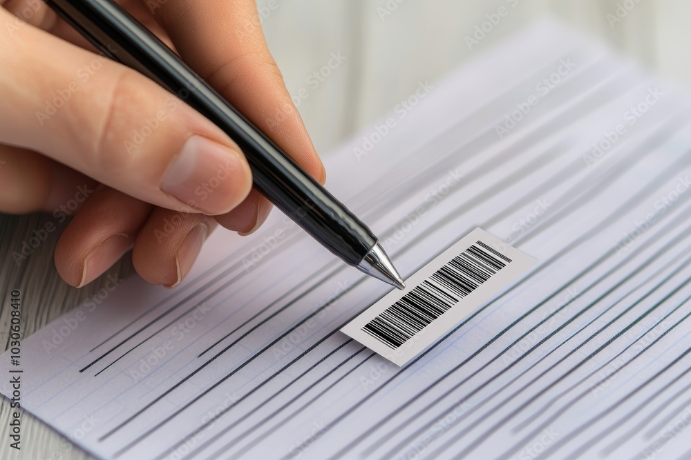 A hand holding a pen is poised over paper containing printed lines and ...