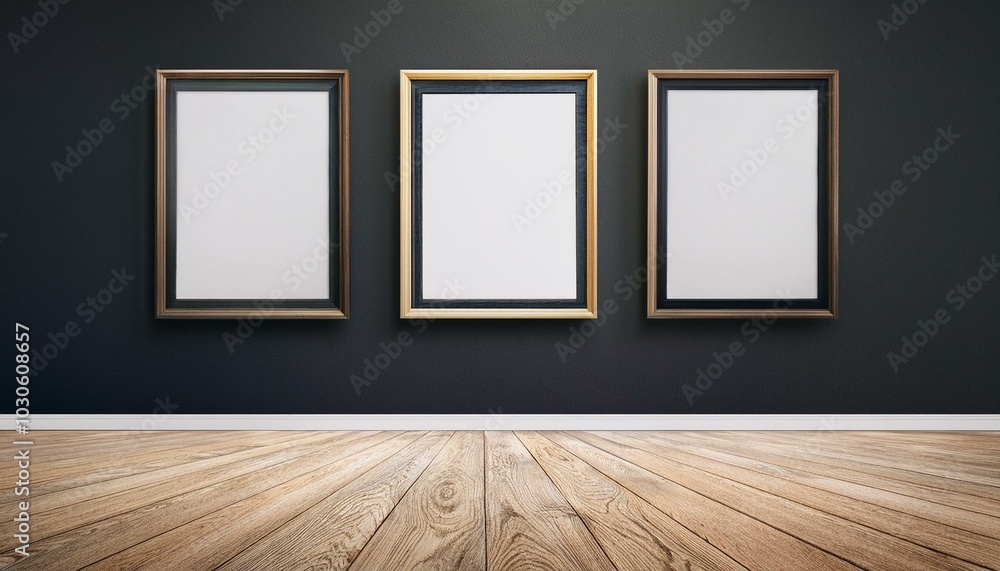 Modern art gallery with empty frames on dark walls and wooden floor. 3D Rendering Modern art gallery with empty frames on dark walls and wooden floor. 3D Rendering