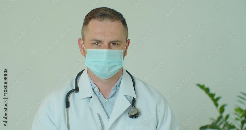 Portrait of doctor young man in glasses wearing mask indoors in hospital looking at camera. Medicine, healthcare and medical professionals concept. Portrait of doctor young man in glasses wearing mask indoors in hospital looking at camera. Medicine, healthcare and medical professionals concept.