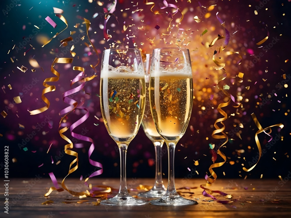 A joyful celebration with sparkling wine glasses and vibrant decor for all to enjoy A joyful celebration with sparkling wine glasses and vibrant decor for all to enjoy