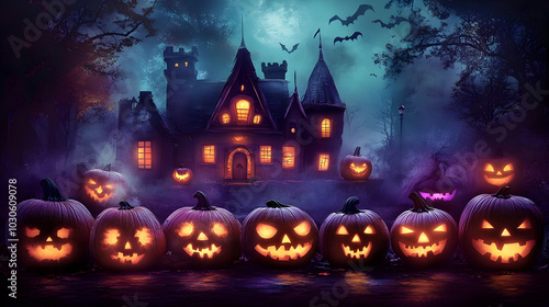 A Mystical Halloween Night with Carved Pumpkins Illuminating a Haunted House in a Dark and Foggy Forest