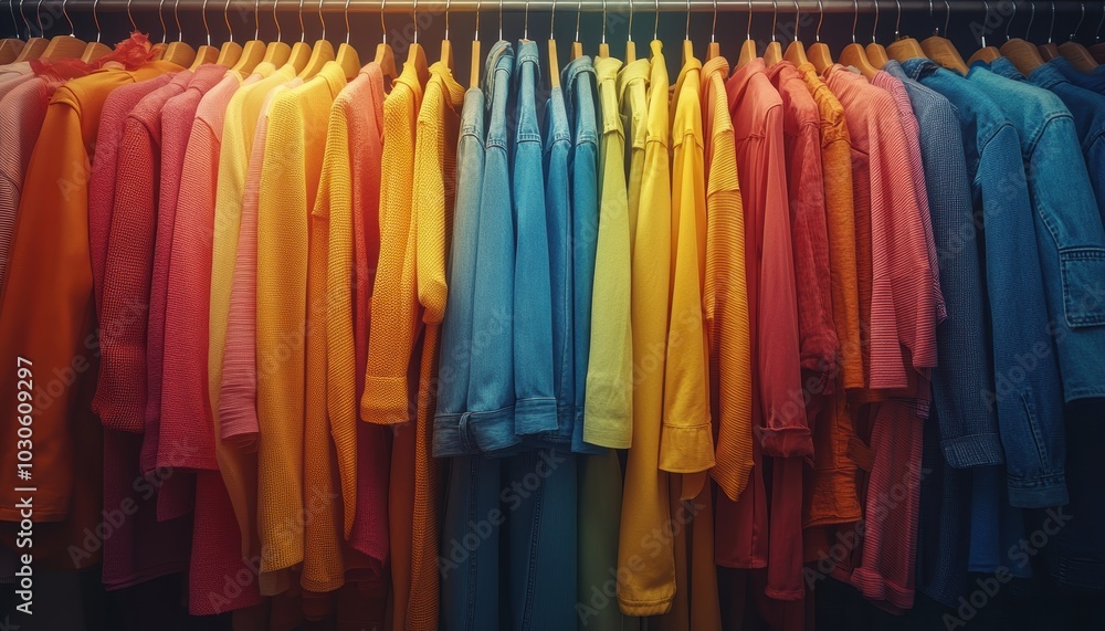 This image features a vibrant clothing rack showcasing a variety of colorful garments. The bright hues create an appealing and trendy display perfect for fashion lovers and store aesthetics. This image features a vibrant clothing rack showcasing a variety of colorful garments. The bright hues create an appealing and trendy display perfect for fashion lovers and store aesthetics.