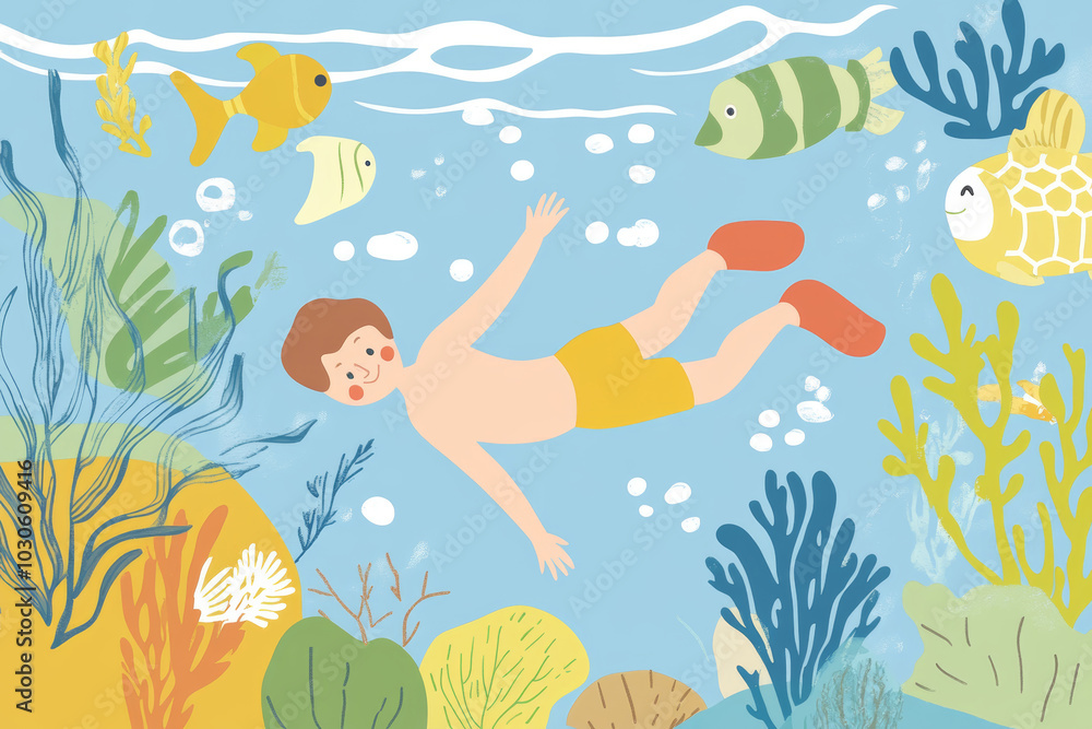 A young child swims joyfully underwater surrounded by colorful fish and vibrant aquatic plants in an illustrated ocean scene A young child swims joyfully underwater surrounded by colorful fish and vibrant aquatic plants in an illustrated ocean scene
