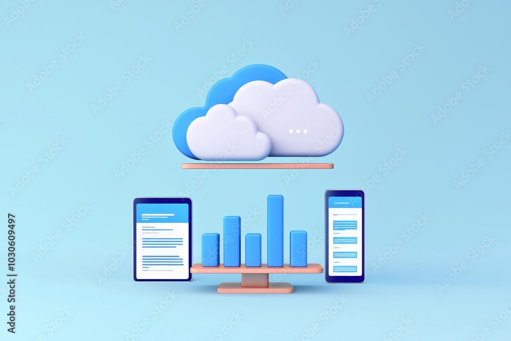A modern graphic depicting cloud storage and data analytics with tablets displaying graphs on a blue background. A modern graphic depicting cloud storage and data analytics with tablets displaying graphs on a blue background.