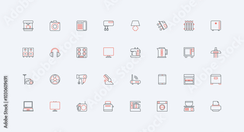 Electrical appliances for home living room and bedroom, kitchen and bathroom, laundry line icon set. Modern household devices, computer, laptop thin black and red outline symbols vector illustration