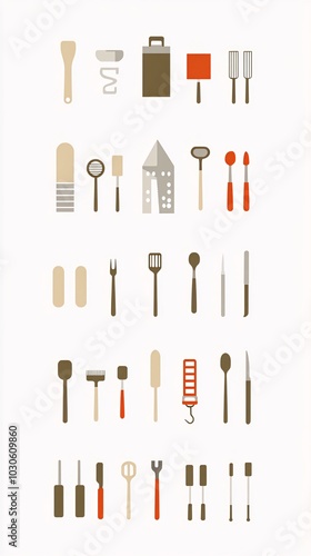 A collection of kitchen utensils and tools in a flat design style.