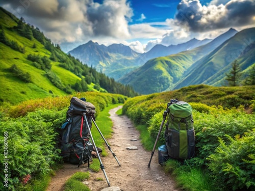 Serene landscape of a winding mountain trail surrounded by lush greenery, with a pair of backpacks and trekking poles abandoned in the distance.