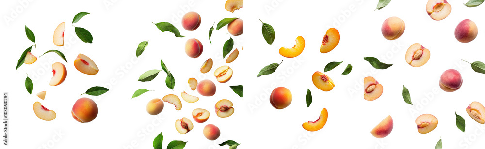 On a white background, there are peaches, peach halves and slices with green leaves. On a white background, there are peaches, peach halves and slices with green leaves.