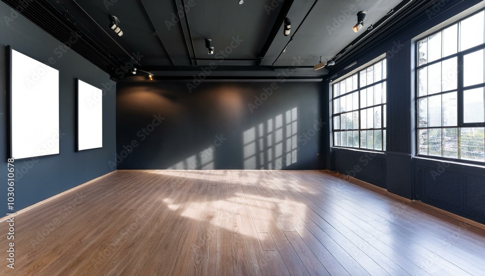 Obraz premium Modern empty gallery interior with mock up place on dark wall, wooden, flooring and windows with daylight. 3D Rendering.