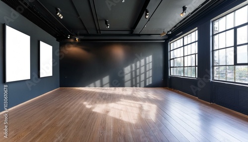 Modern empty gallery interior with mock up place on dark wall, wooden, flooring and windows with daylight. 3D Rendering.