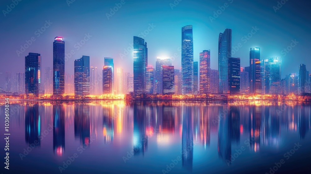 Fototapeta premium Modern skyline with illuminated skyscrapers reflecting off a calm surface in a digital landscape. 