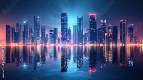 Modern skyline with illuminated skyscrapers reflecting off a calm surface in a digital landscape. 