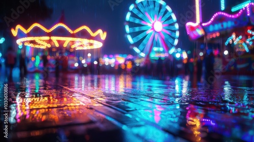 Carnival rides glowing at night photo