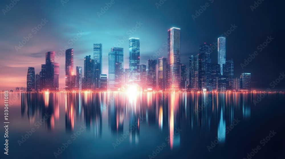 Modern skyline with illuminated skyscrapers reflecting off a calm surface in a digital landscape. Modern skyline with illuminated skyscrapers reflecting off a calm surface in a digital landscape.