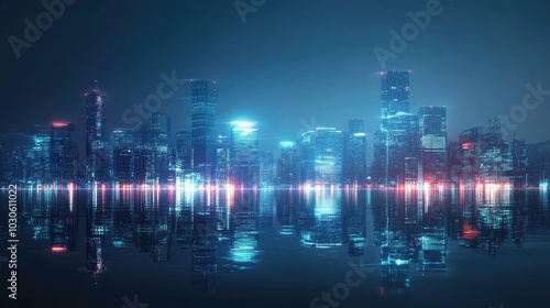 Modern skyline with illuminated skyscrapers reflecting off a calm surface in a digital landscape. 