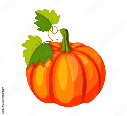 Pumpkin in cartoon style. Vector illustration of whole fresh pumpkin with wavy tendril, stem, green leaves isolated on white background. Autumn harvest. Useful products.