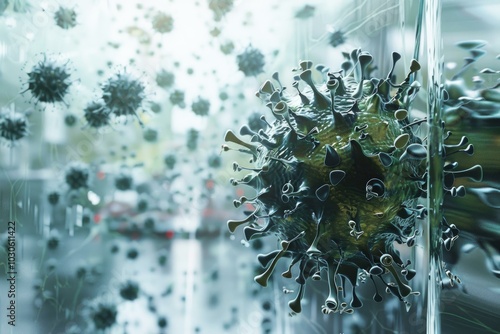 Coronavirus covid 19 cell spreading through the air with spikes, a potentially deadly influenza type virus, as a pandemic medical health risk concept photo